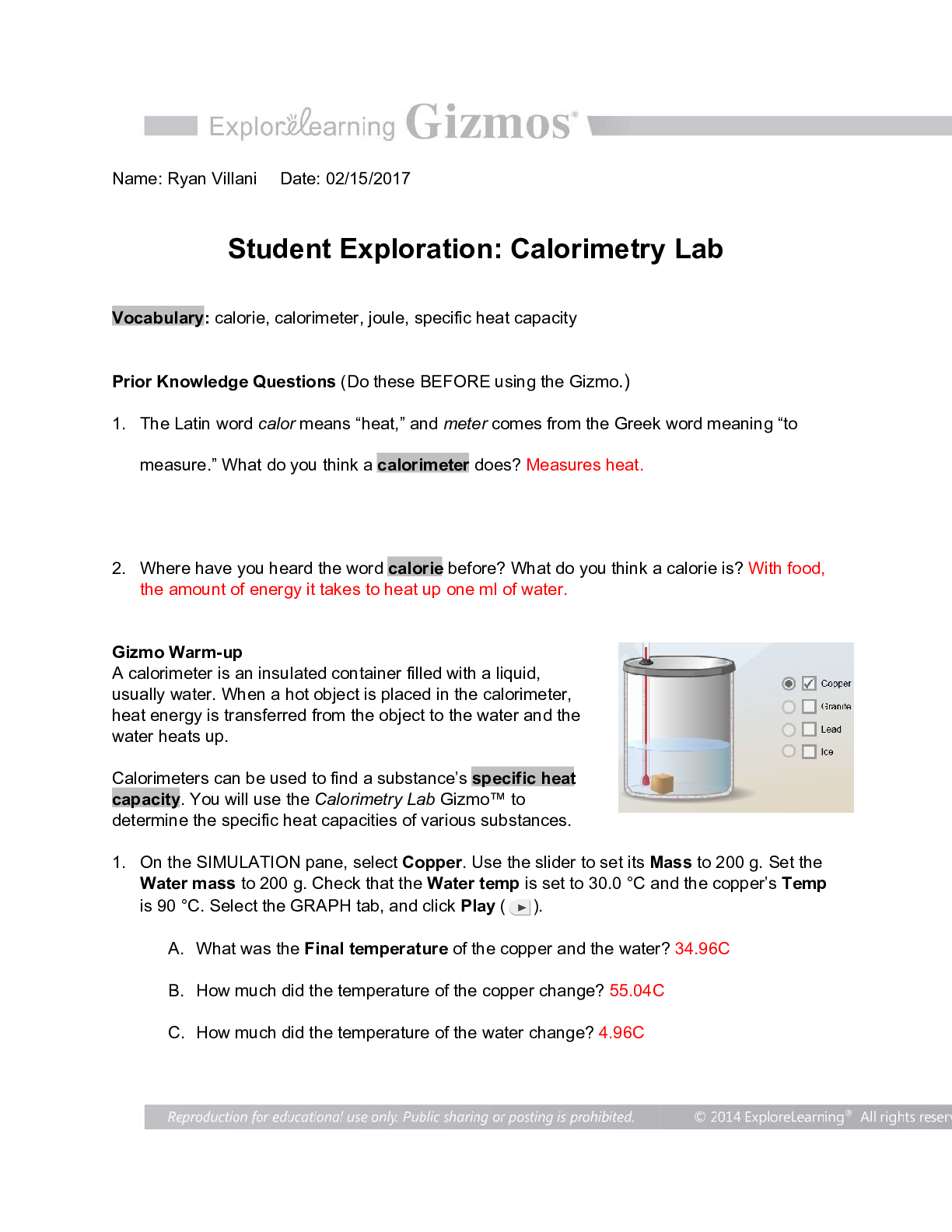 Student Exploration: Calorimetry Lab with verified answers